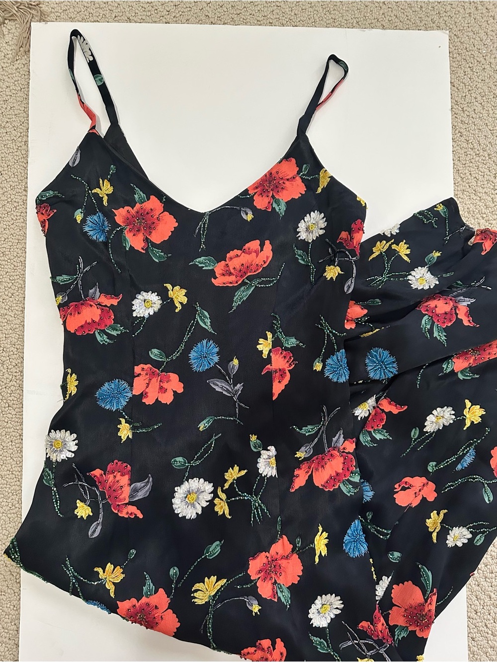 90s Adrianna Papell Evening Black Floral V-Neck Slip Dress with beaded sequin